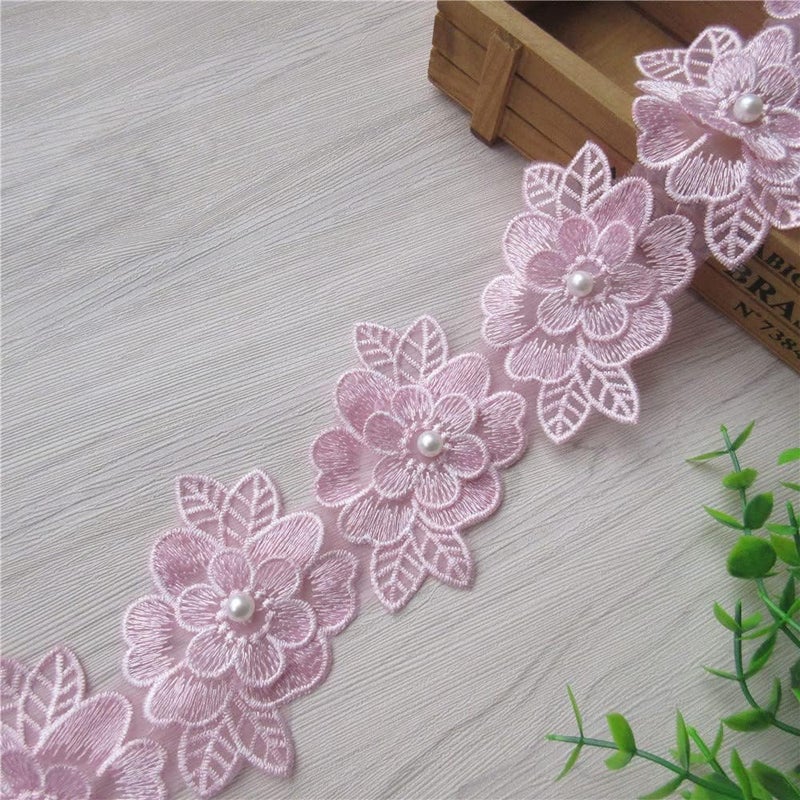 SHBBON 2 Yards 3D Flower Lace Trim Pearl Embroidered Polyester Lace Ribbon Fabric Applique Patchwork for Wedding Dress Handmade DIY Sewing Craft Supplies Decoration (Pink) - Image 2